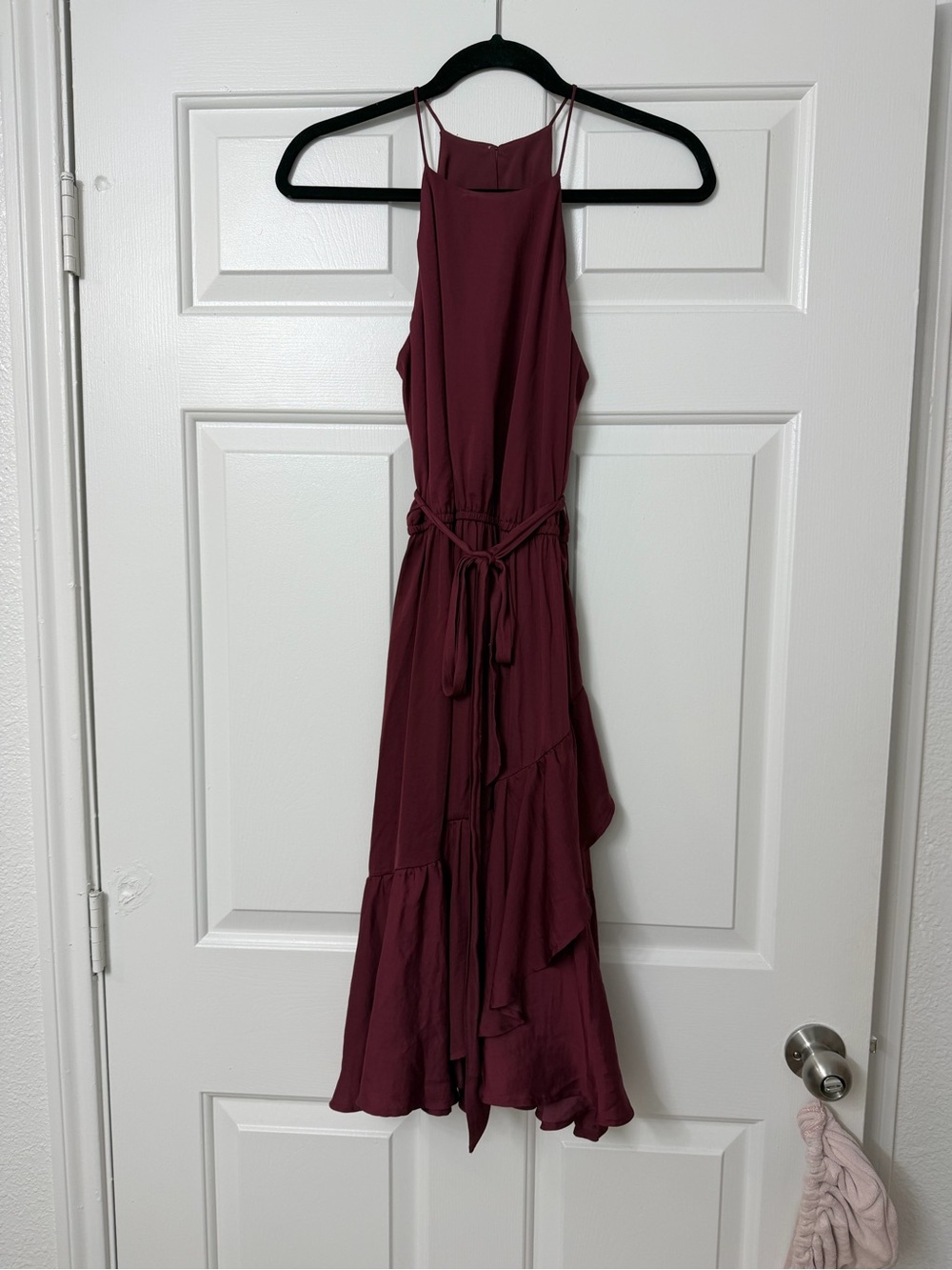 LOFT Burgundy Halter Midi Dress with Ruffle Trim